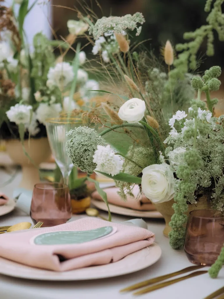 Gros plan sur une table de mariage avec un bouquet de renoncules blanches et de verdure, une serviette rose et un menu vert sauge posé sur l’assiette